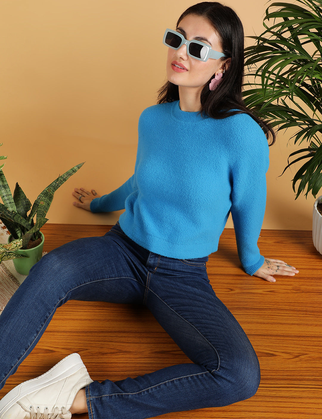KOTTY Solid Round Neck Casual Women Blue Sweater 