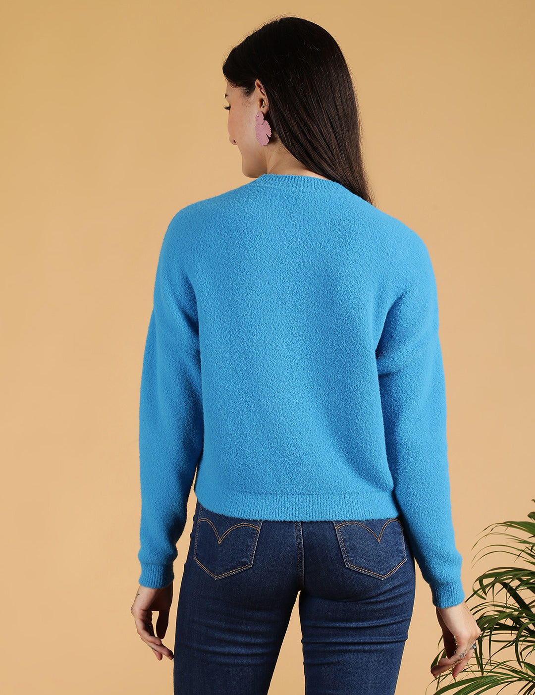 KOTTY Solid Round Neck Casual Women Blue Sweater 