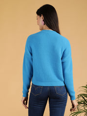 KOTTY Solid Round Neck Casual Women Blue Sweater 