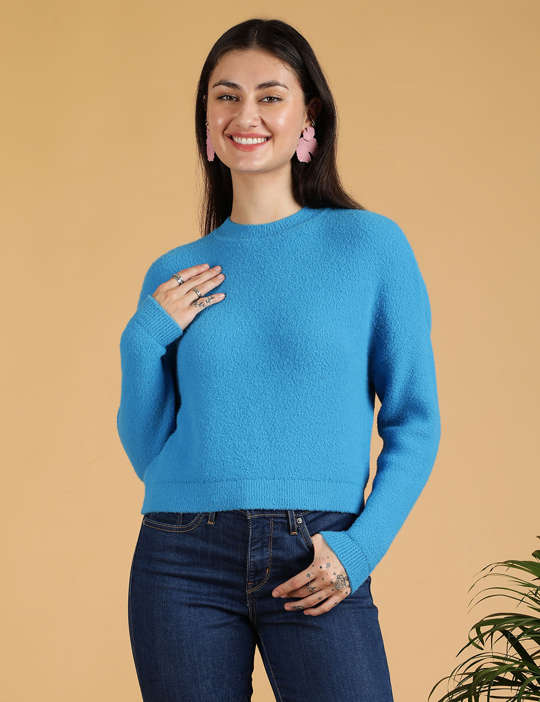 KOTTY Solid Round Neck Casual Women Blue Sweater 
