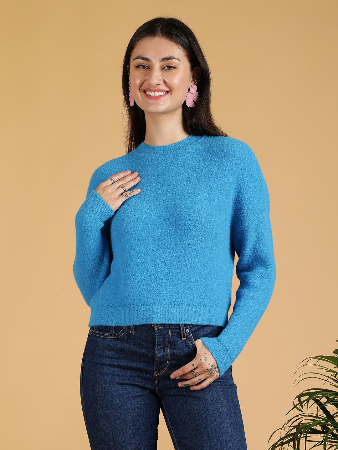 KOTTY Solid Round Neck Casual Women Blue Sweater 