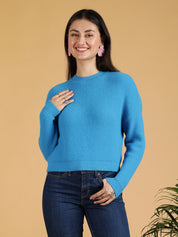 KOTTY Solid Round Neck Casual Women Blue Sweater 