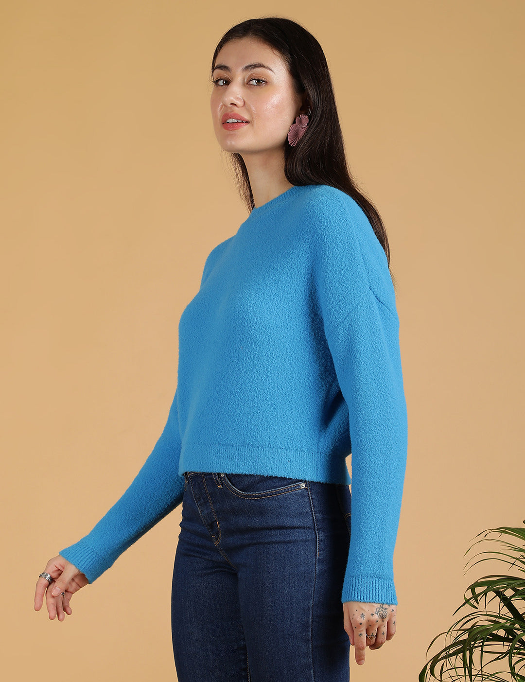 KOTTY Solid Round Neck Casual Women Blue Sweater 