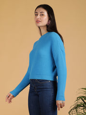 KOTTY Solid Round Neck Casual Women Blue Sweater 