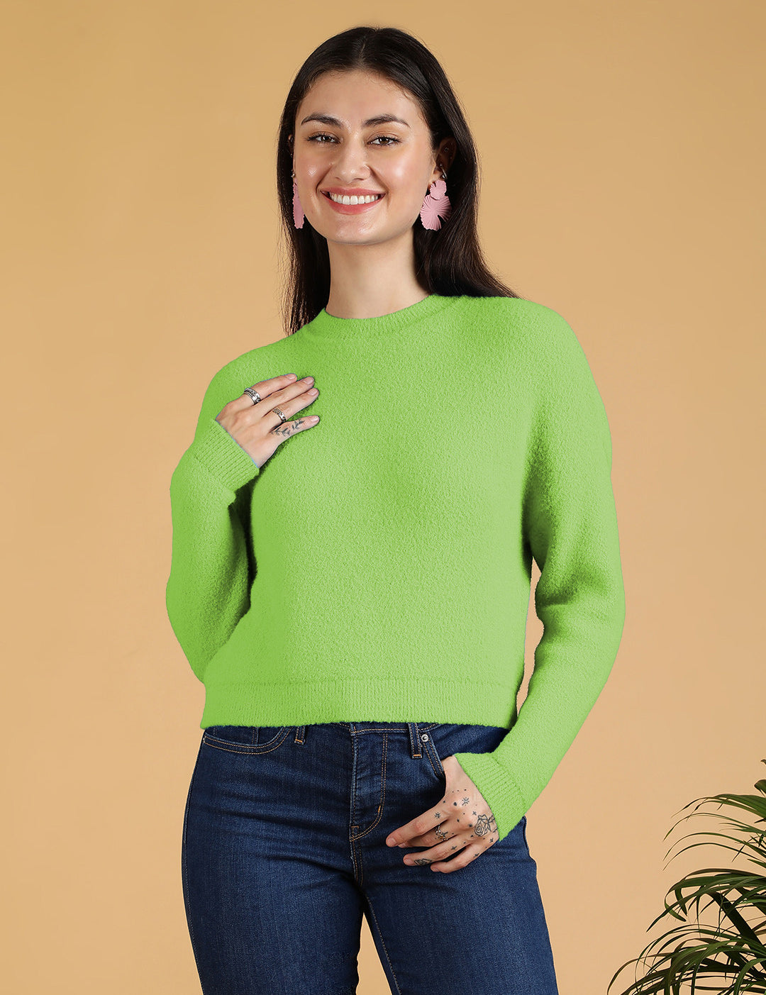 KOTTY Solid Round Neck Casual Women Green Sweater 