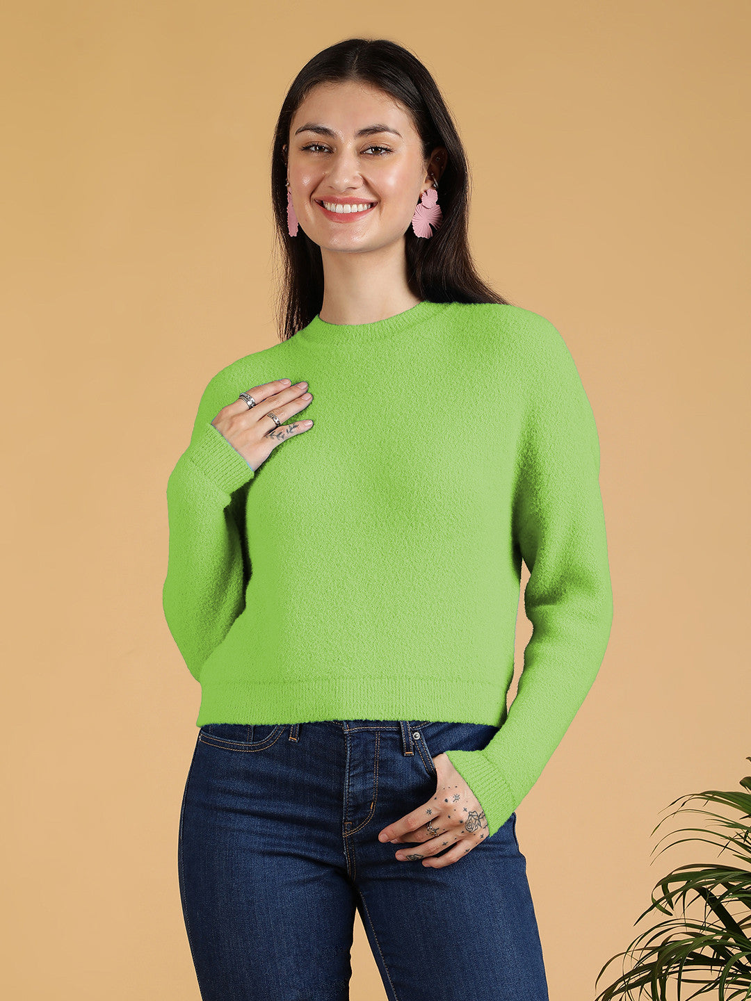 KOTTY Solid Round Neck Casual Women Green Sweater 