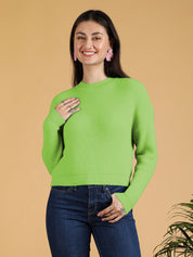 KOTTY Solid Round Neck Casual Women Green Sweater 