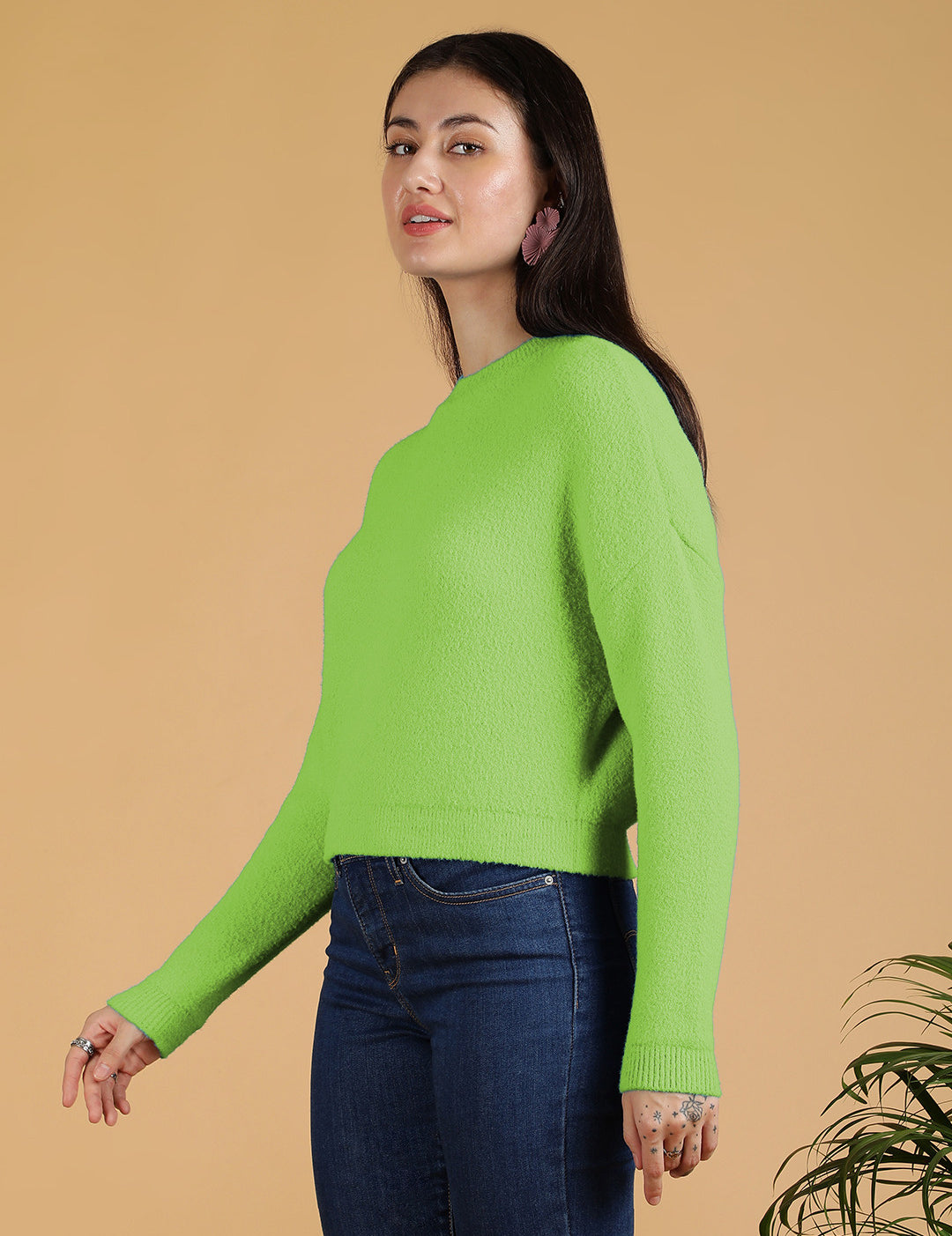 KOTTY Solid Round Neck Casual Women Green Sweater 
