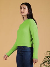 KOTTY Solid Round Neck Casual Women Green Sweater 