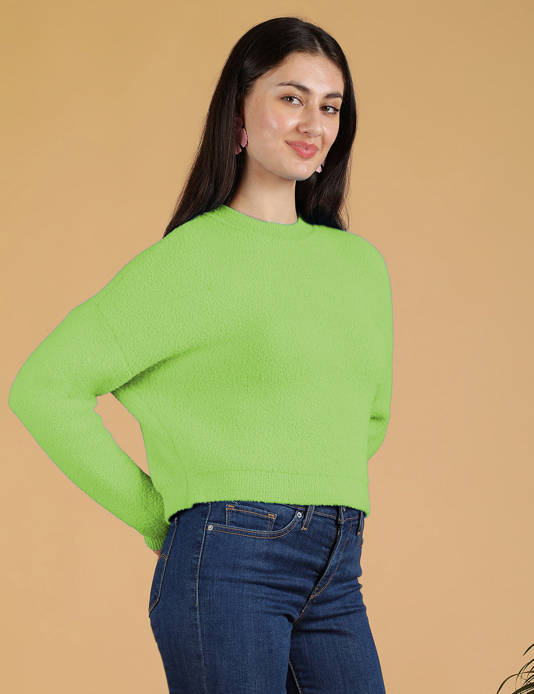 KOTTY Solid Round Neck Casual Women Green Sweater 