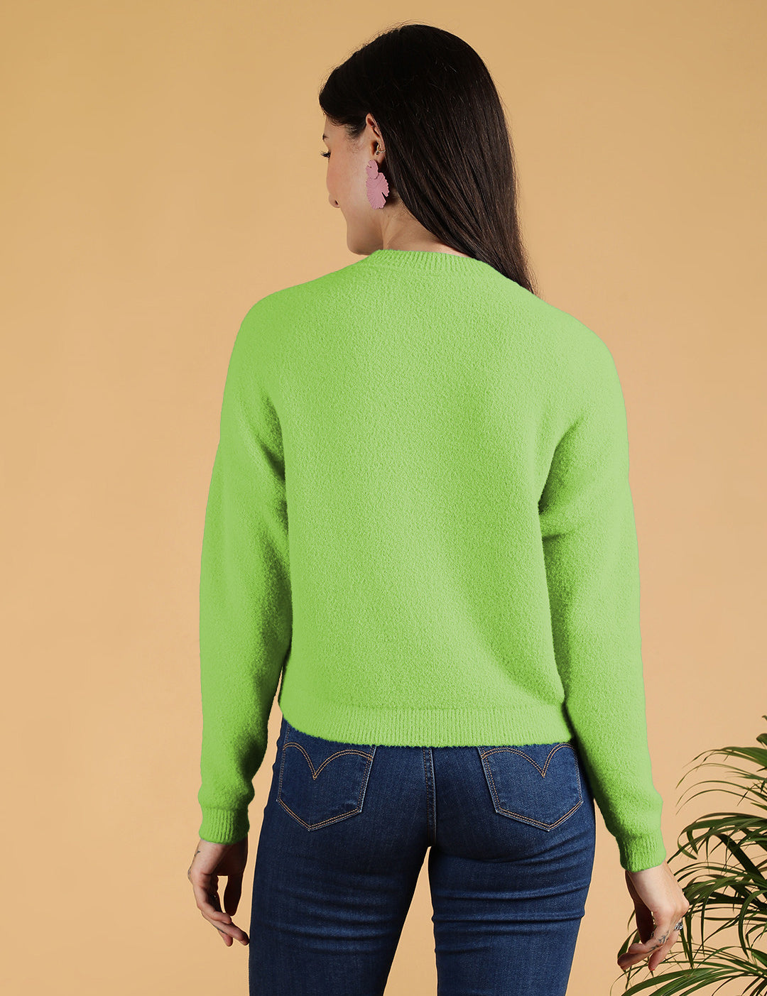 KOTTY Solid Round Neck Casual Women Green Sweater 