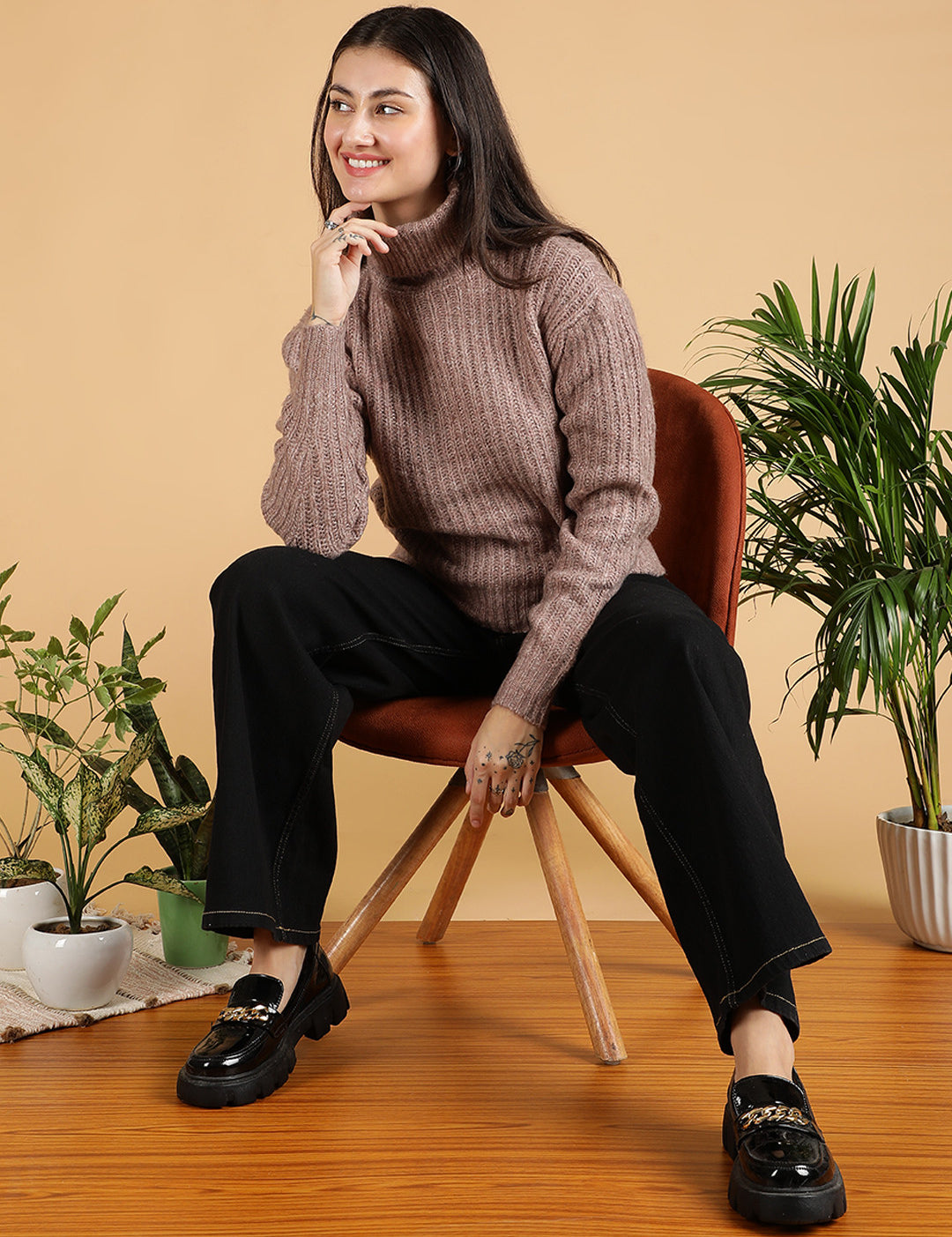 KOTTY Self Design High Neck Casual Women Pink Sweater 