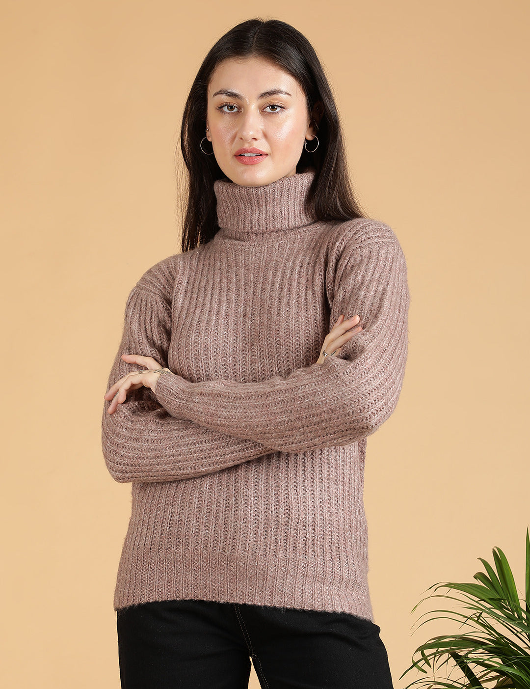KOTTY Self Design High Neck Casual Women Pink Sweater 