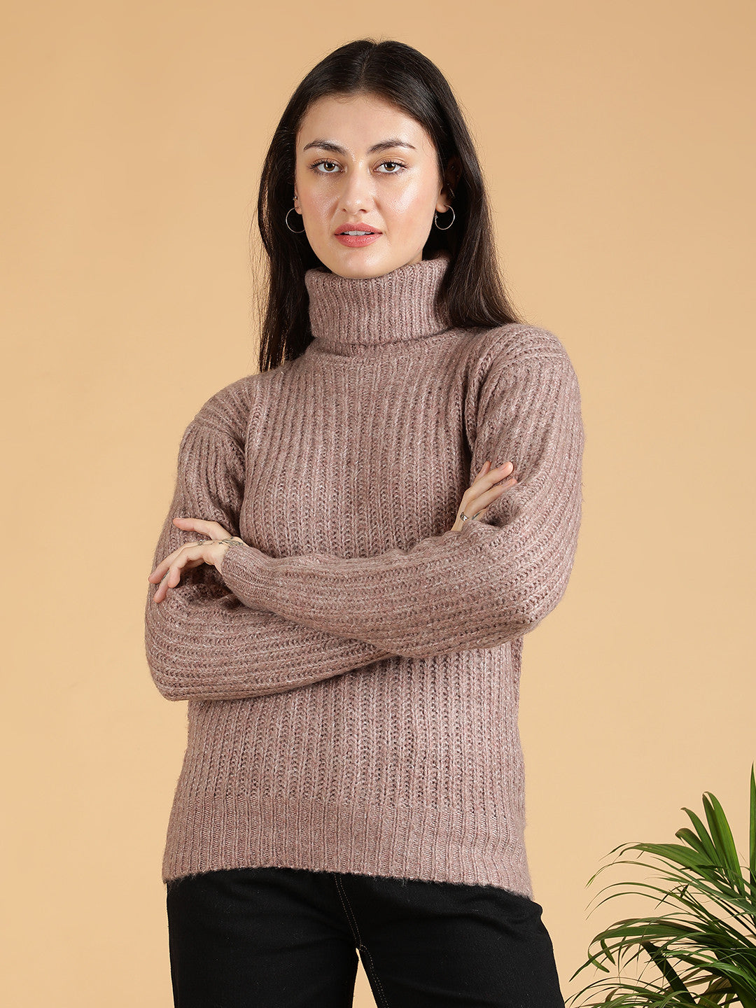 KOTTY Self Design High Neck Casual Women Pink Sweater 
