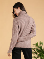 KOTTY Self Design High Neck Casual Women Pink Sweater 