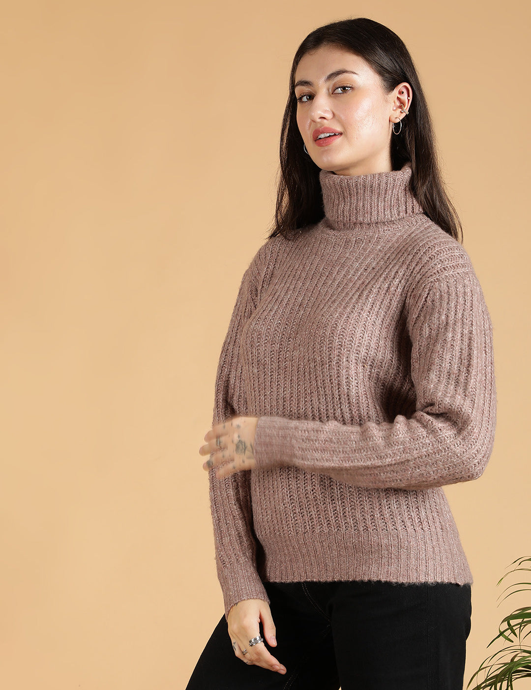 KOTTY Self Design High Neck Casual Women Pink Sweater 