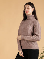 KOTTY Self Design High Neck Casual Women Pink Sweater 