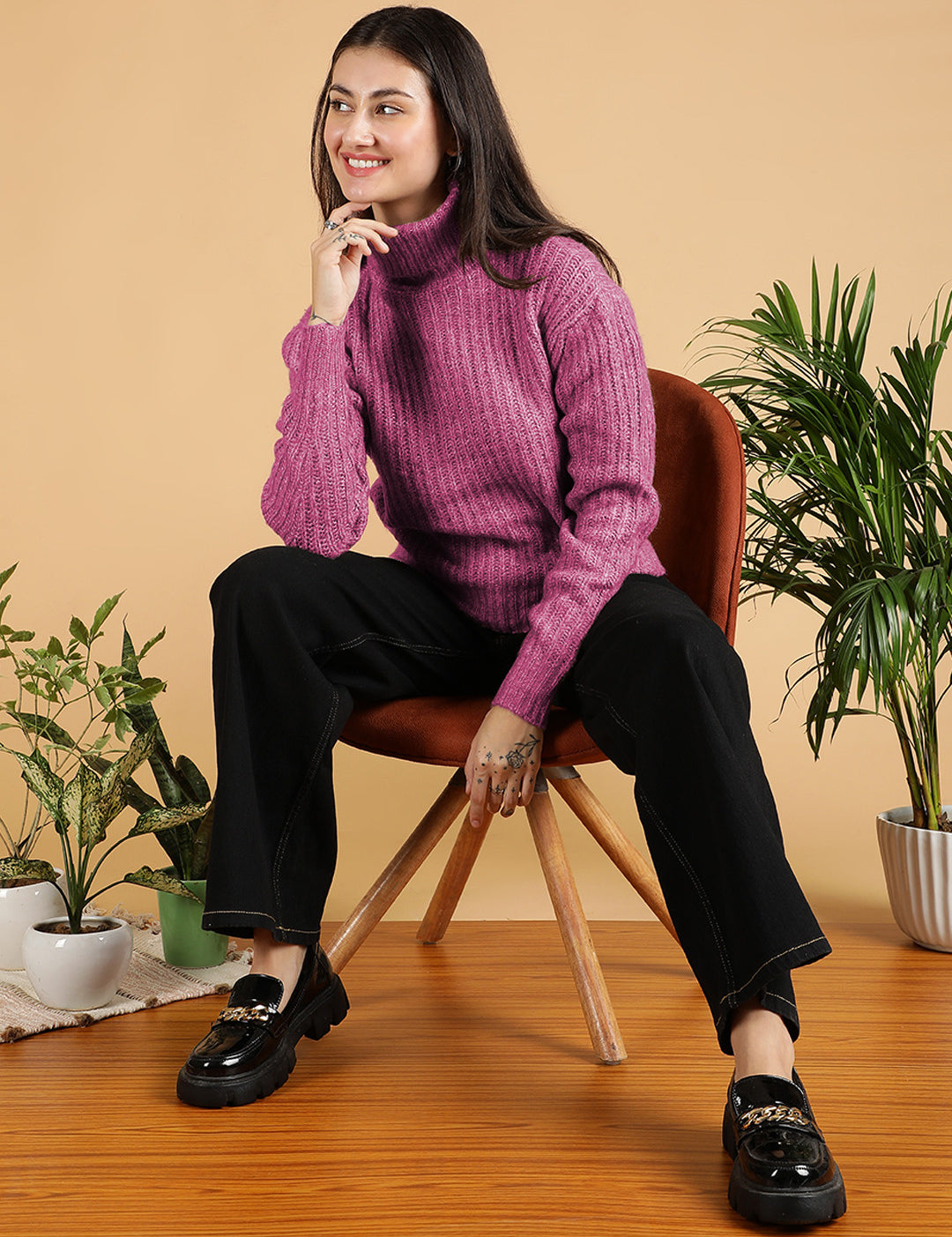 KOTTY Woven Collared Neck Casual Women Pink Sweater 