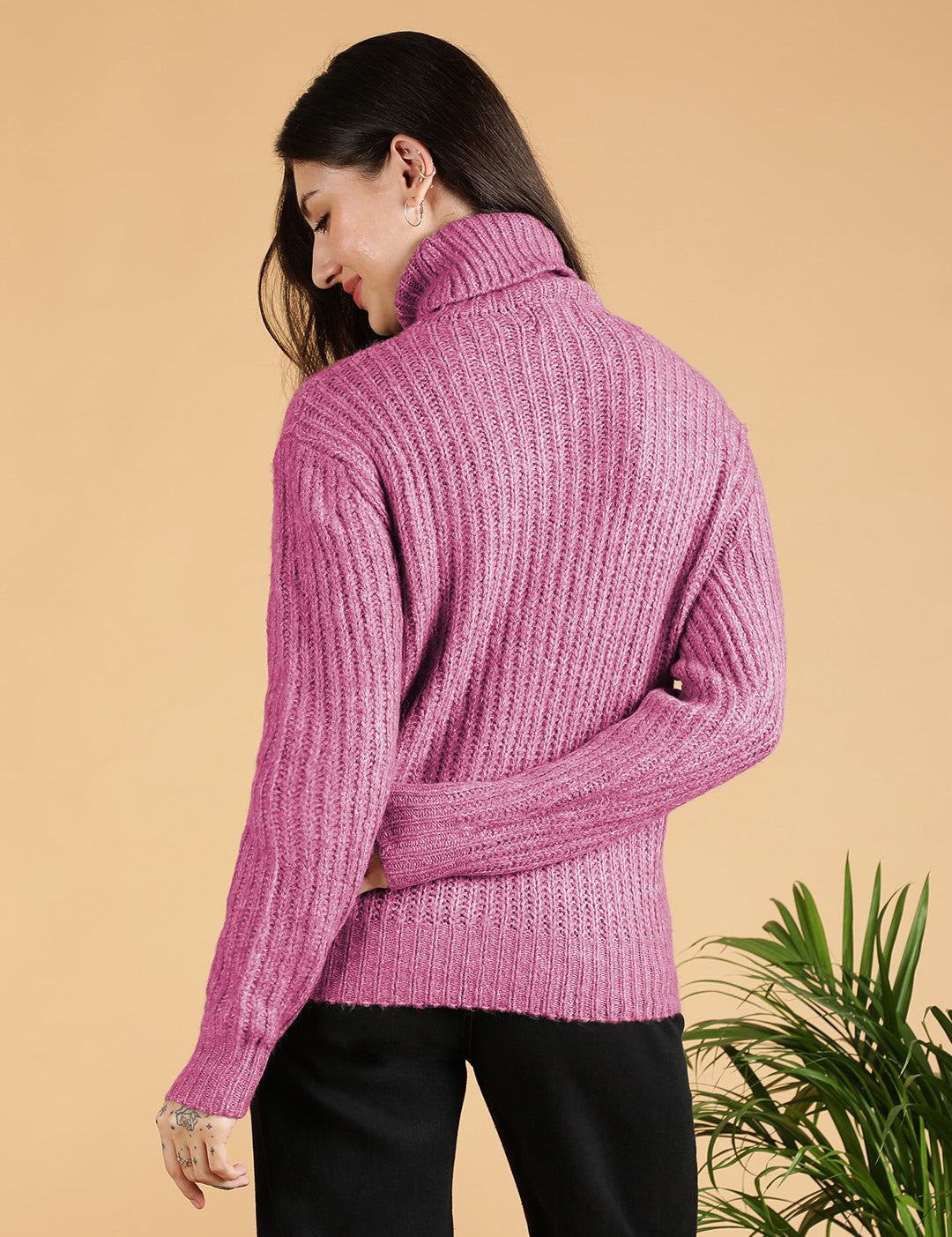 KOTTY Woven Collared Neck Casual Women Pink Sweater 