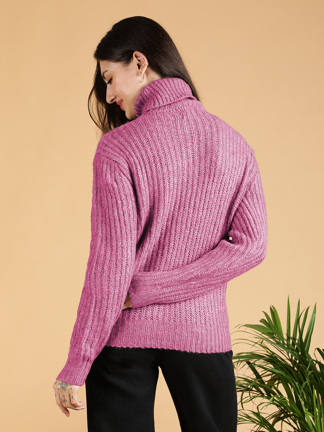 KOTTY Woven Collared Neck Casual Women Pink Sweater 