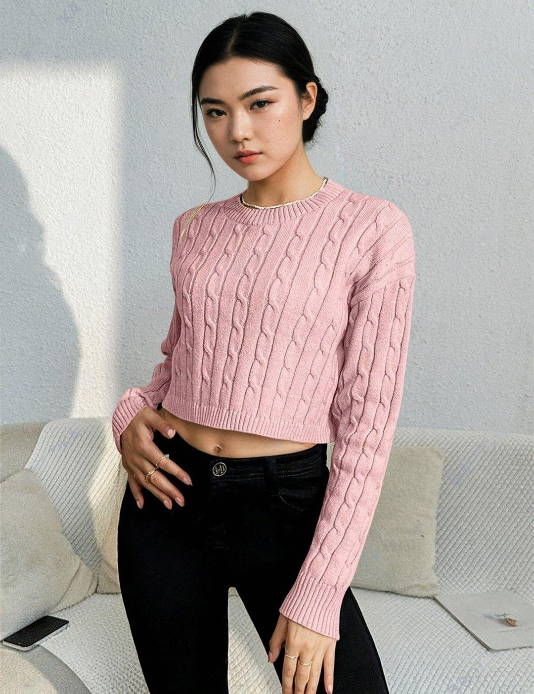 KOTTY Self Design High Neck Casual Women Pink Sweater 