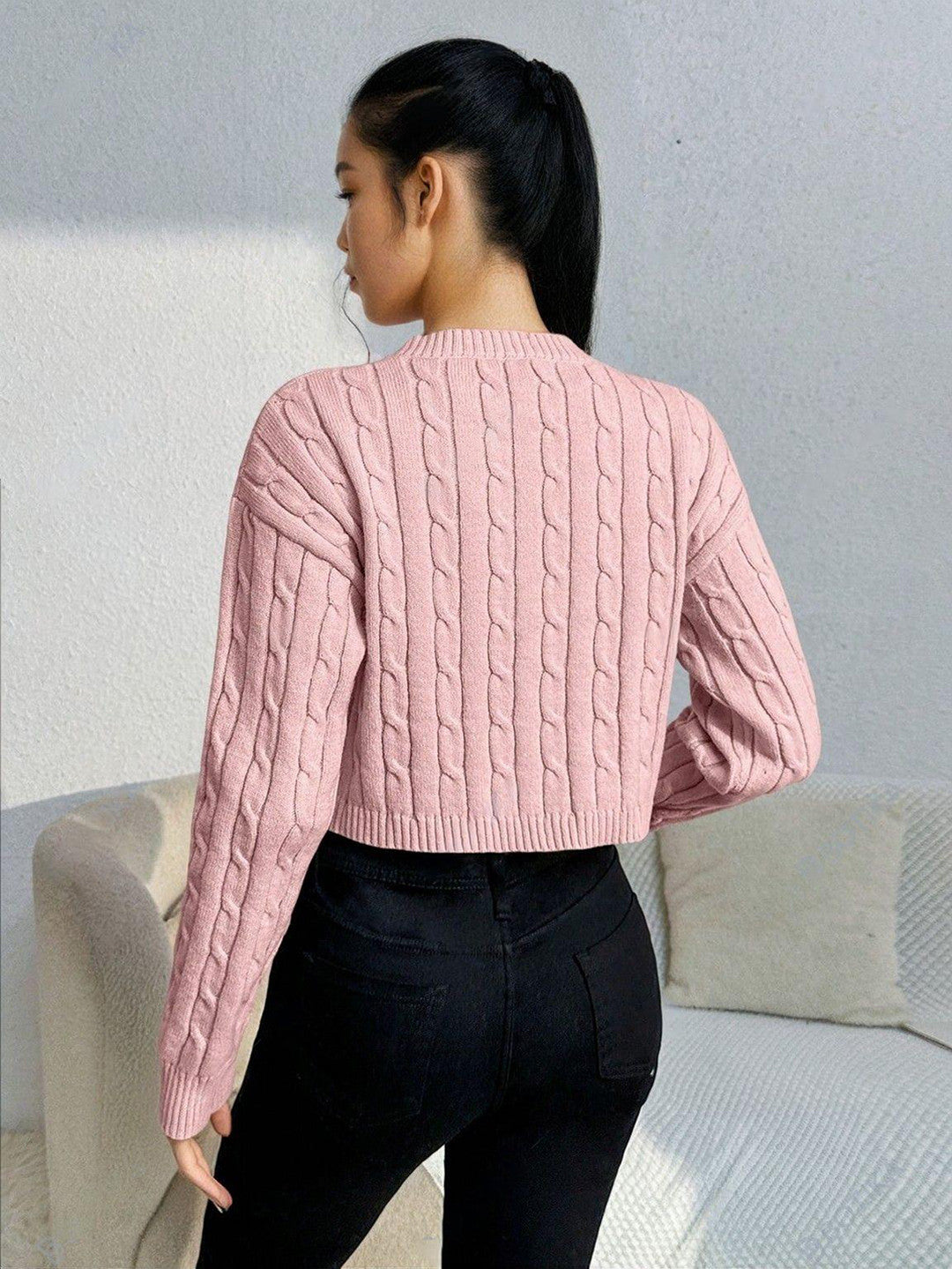 KOTTY Self Design High Neck Casual Women Pink Sweater 