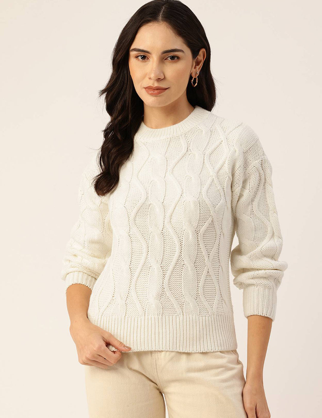 KOTTY Self Design High Neck Casual Women White Sweater 
