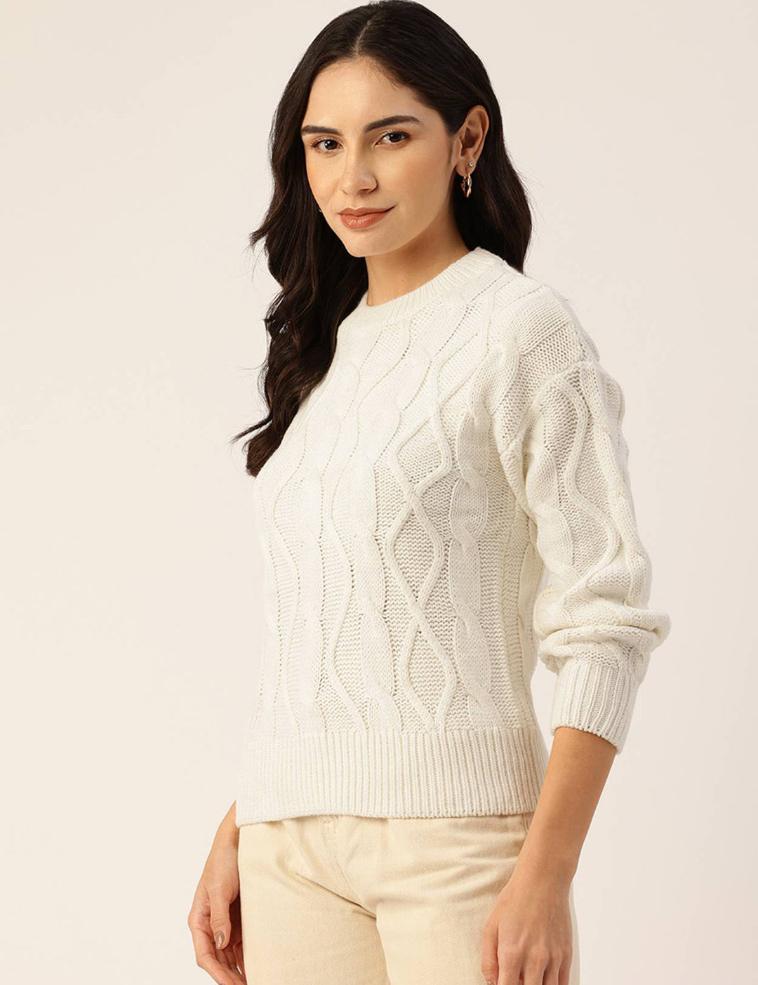 KOTTY Self Design High Neck Casual Women White Sweater 