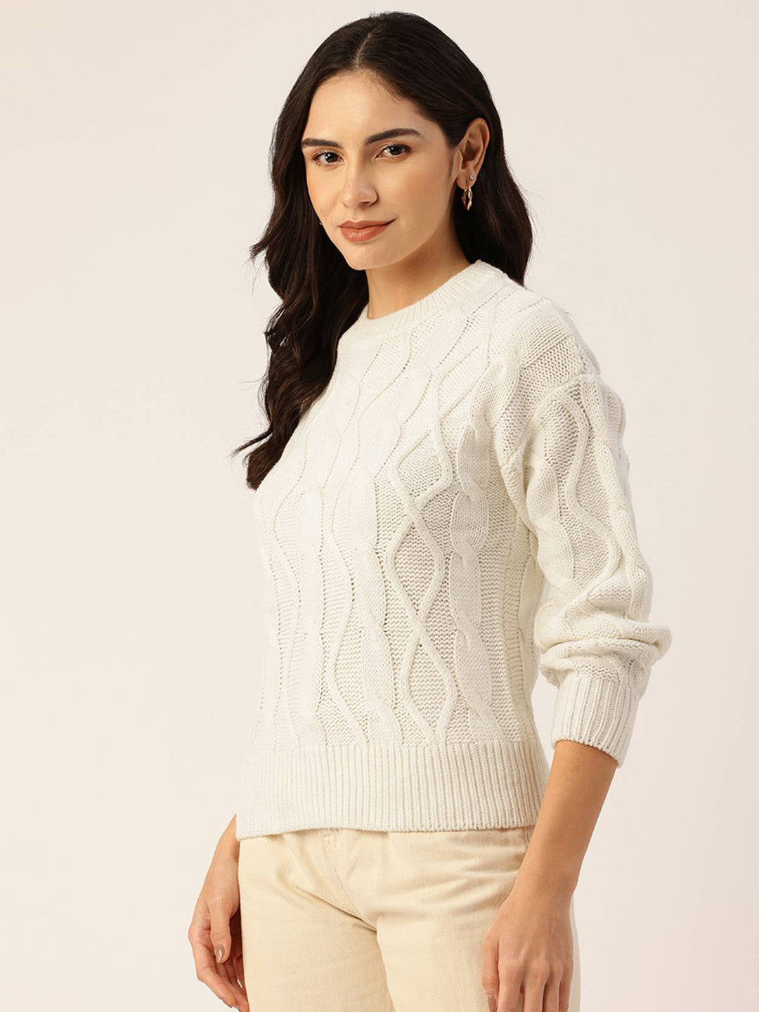 KOTTY Self Design High Neck Casual Women White Sweater 