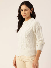 KOTTY Self Design High Neck Casual Women White Sweater 