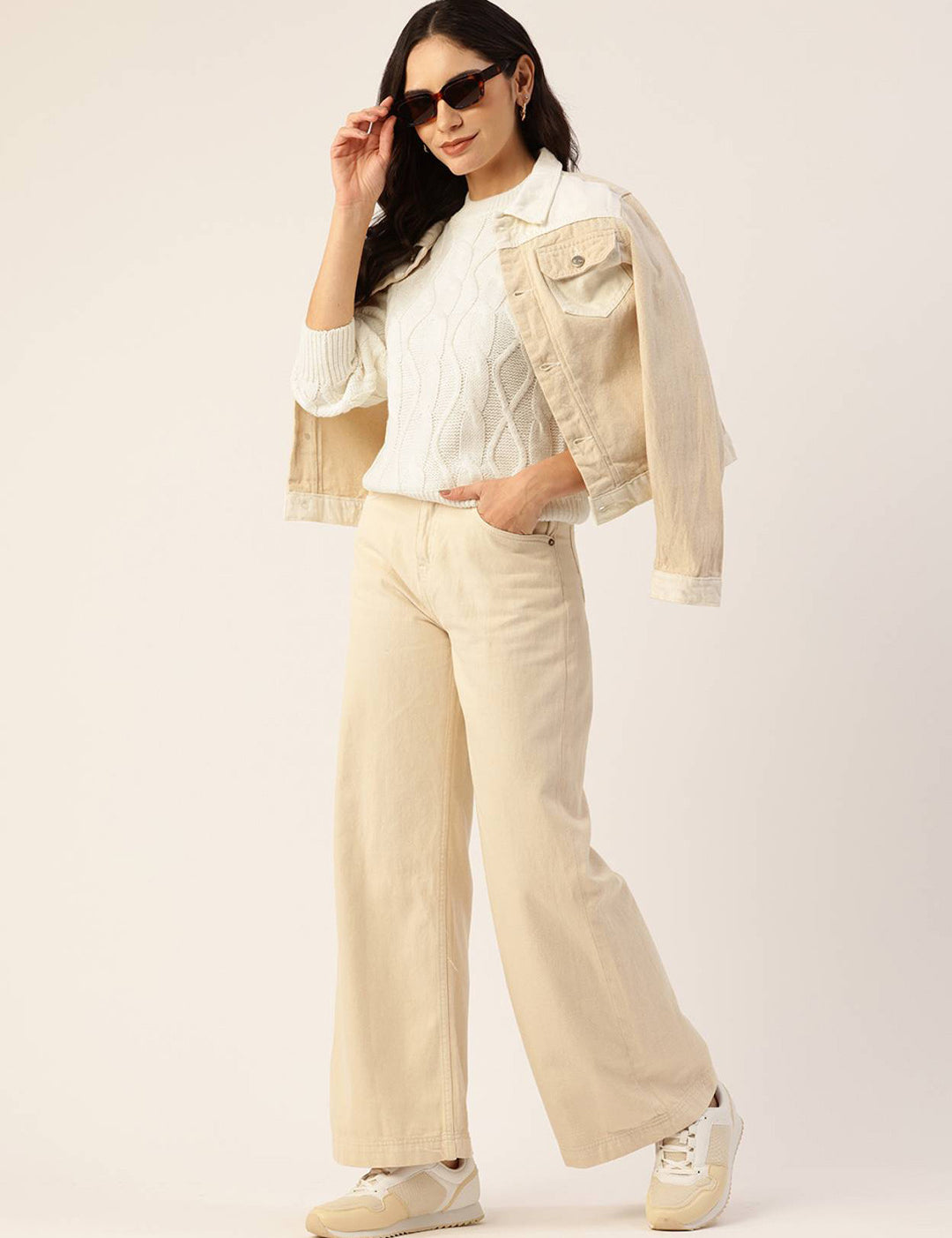KOTTY Self Design High Neck Casual Women White Sweater 