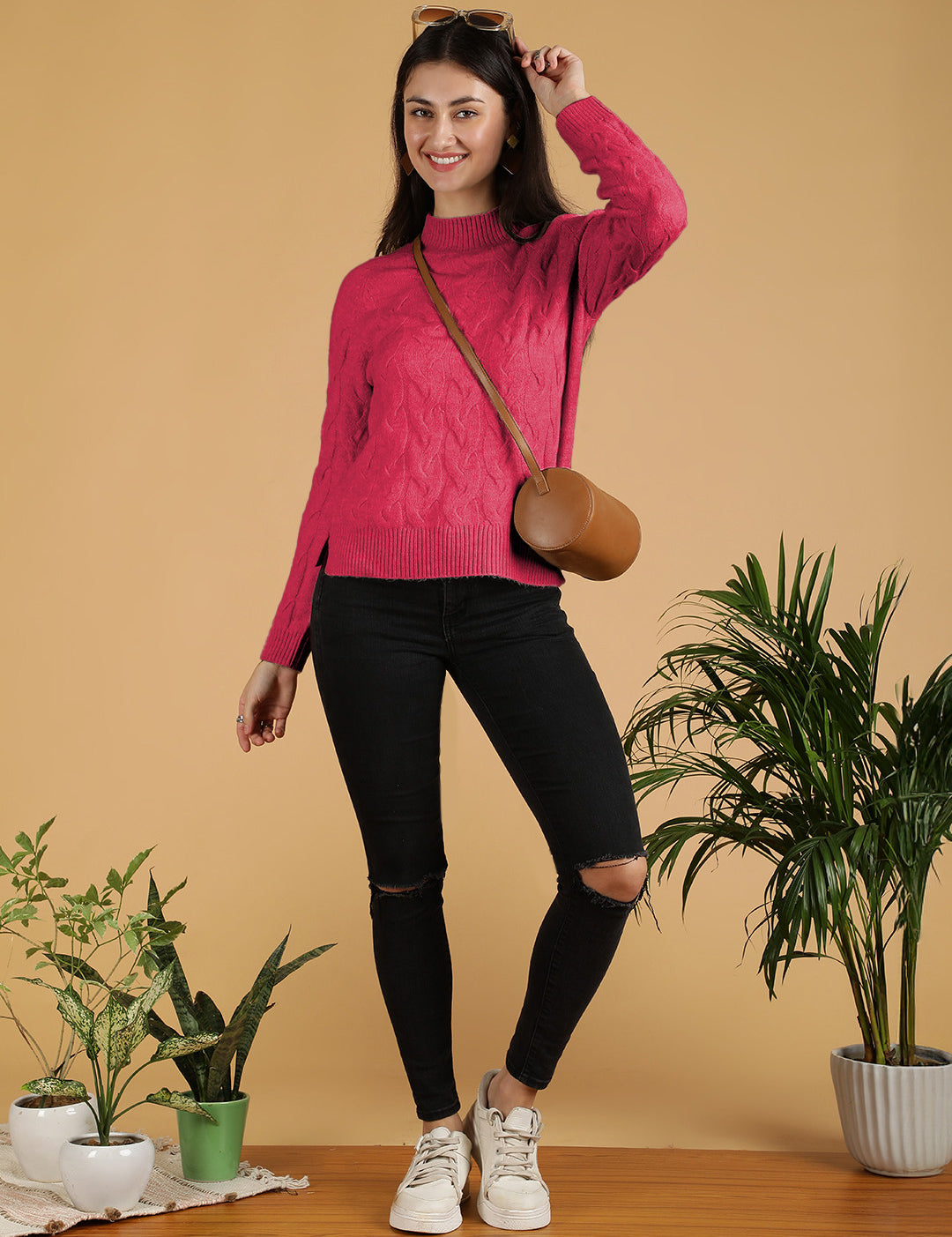 KOTTY Woven Collared Neck Casual Women Red Sweater 
