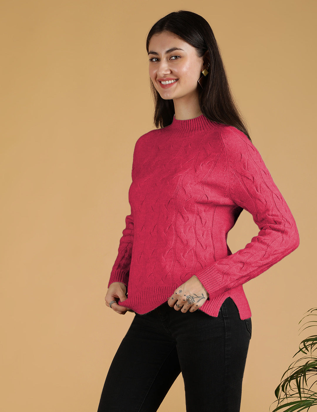 KOTTY Woven Collared Neck Casual Women Red Sweater 