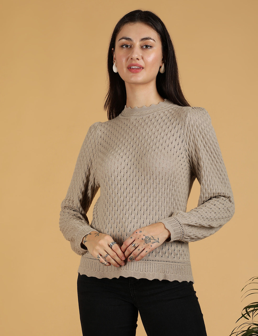 KOTTY Self Design High Neck Casual Women Grey Sweater 