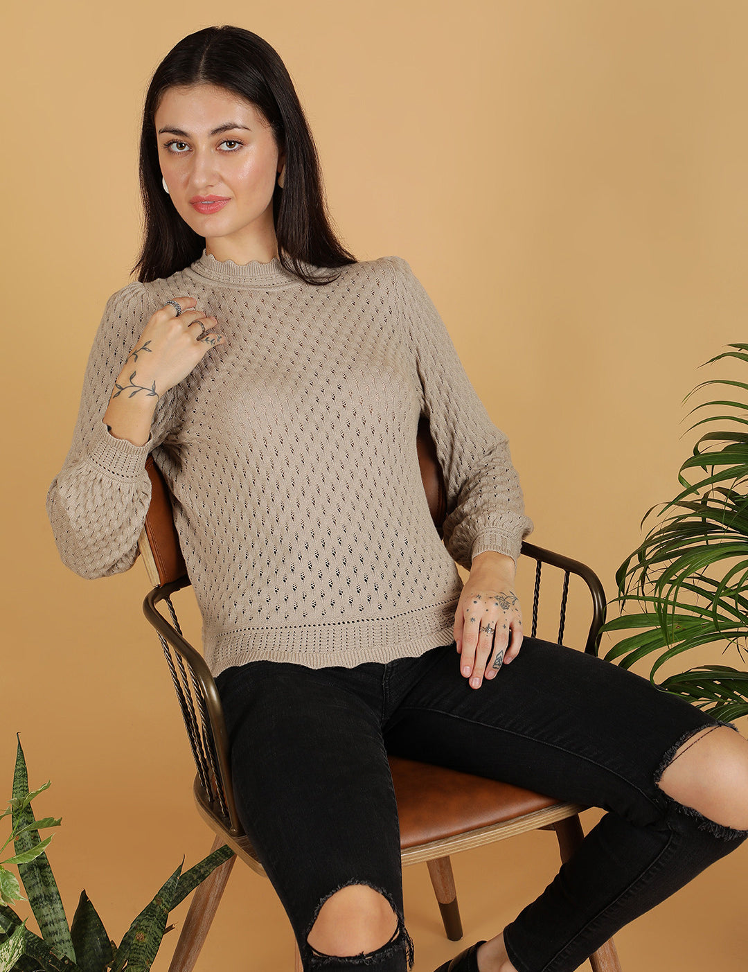 KOTTY Self Design High Neck Casual Women Grey Sweater 