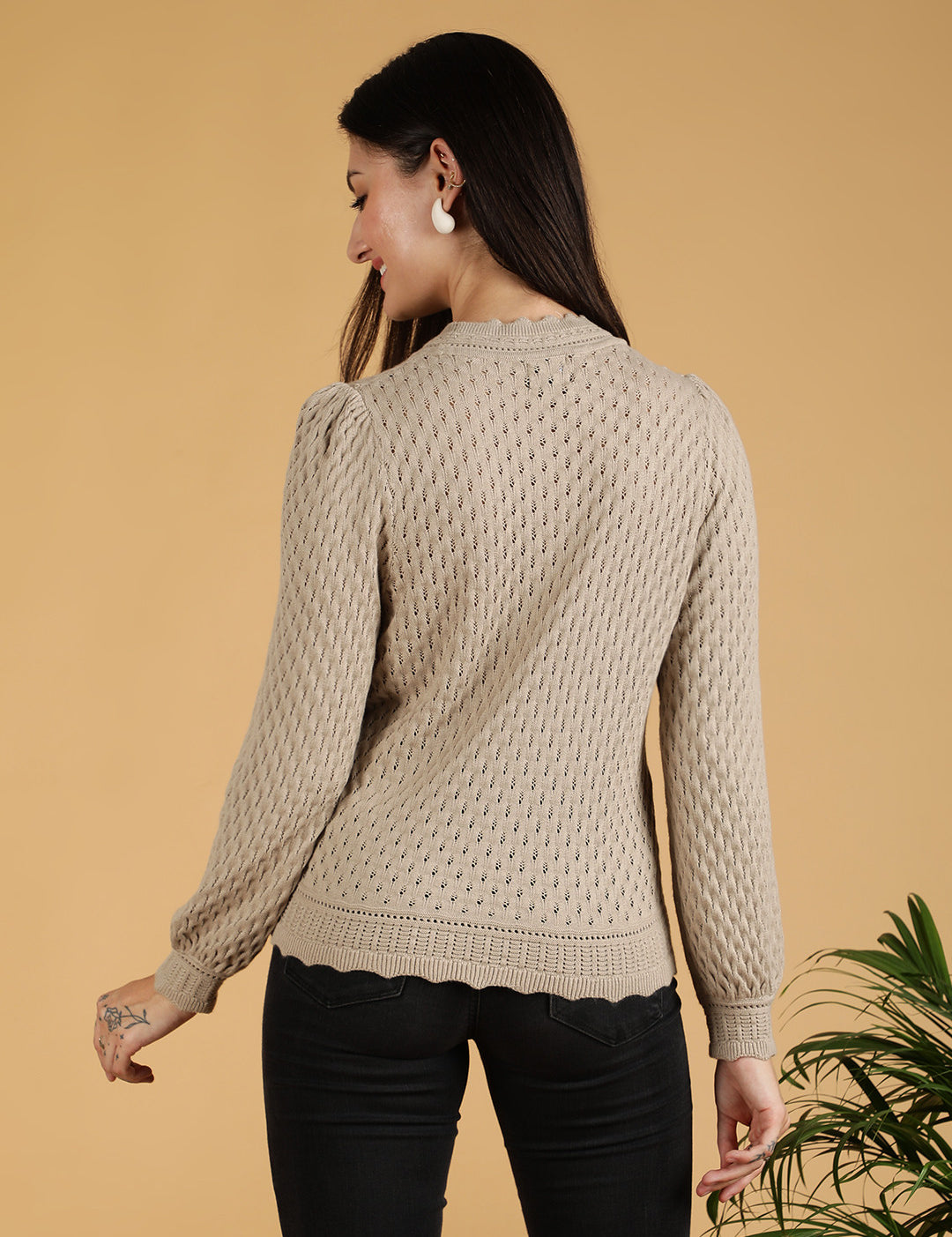 KOTTY Self Design High Neck Casual Women Grey Sweater 