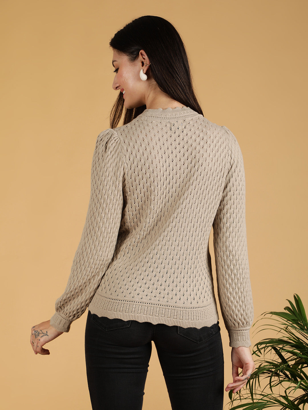 KOTTY Self Design High Neck Casual Women Grey Sweater 