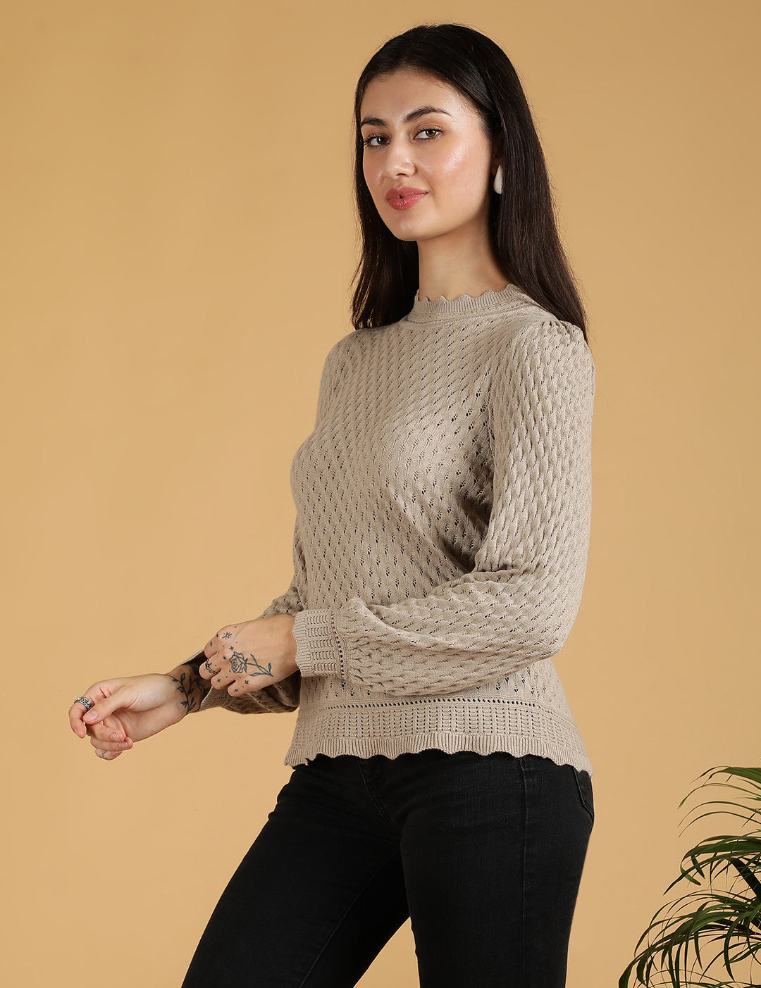 KOTTY Self Design High Neck Casual Women Grey Sweater 