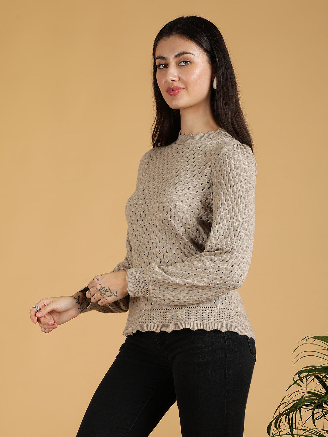 KOTTY Self Design High Neck Casual Women Grey Sweater 