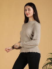 KOTTY Self Design High Neck Casual Women Grey Sweater 