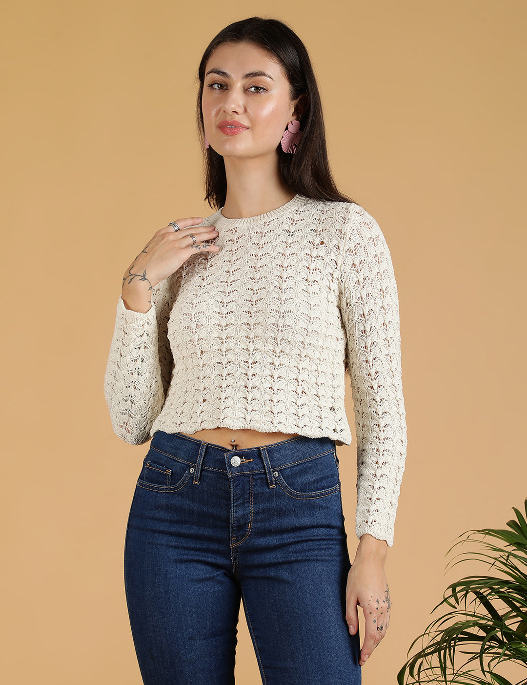 KOTTY Self Design High Neck Casual Women White Sweater 