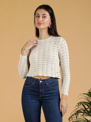 KOTTY Self Design High Neck Casual Women White Sweater 