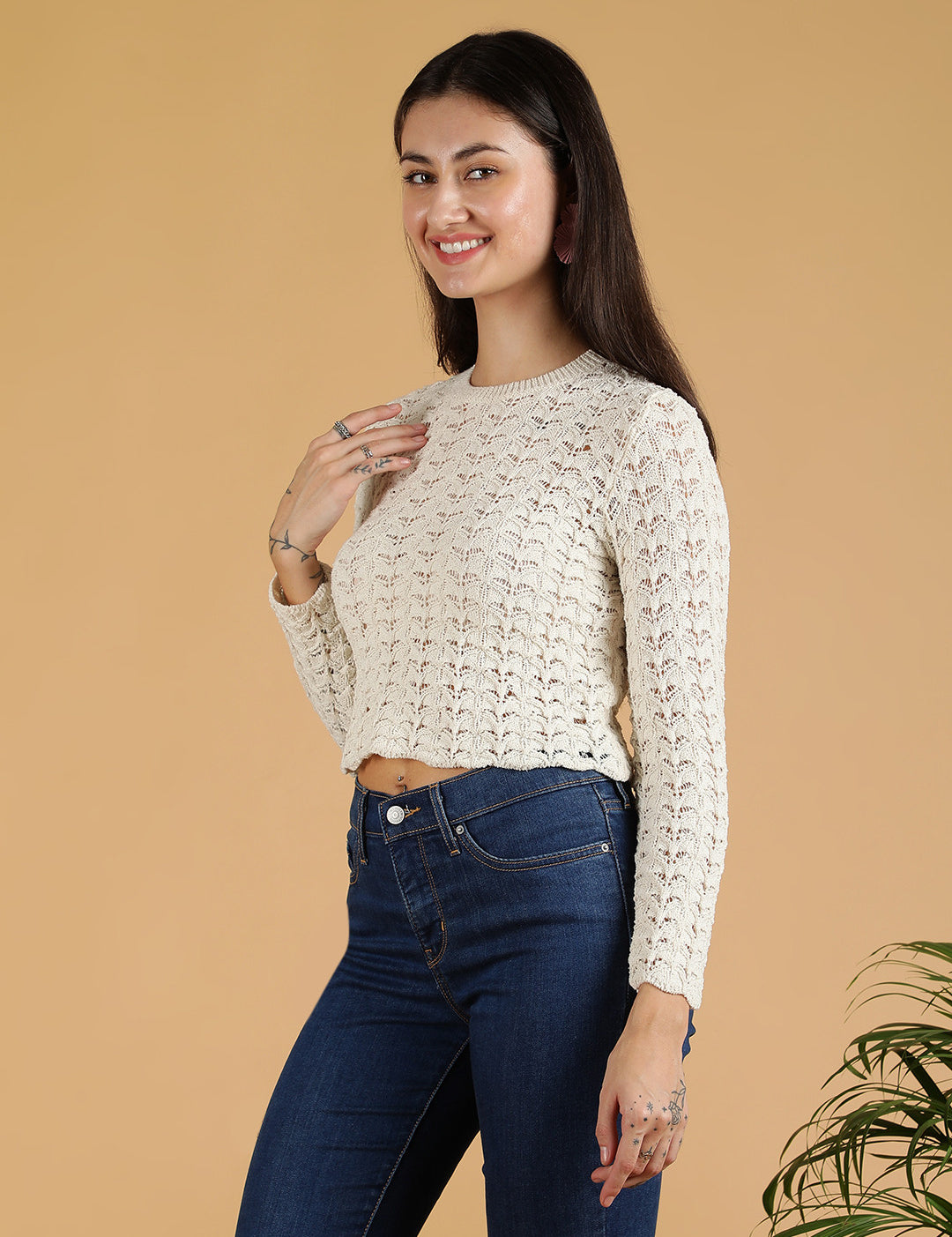 KOTTY Self Design High Neck Casual Women White Sweater 