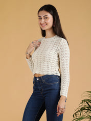 KOTTY Self Design High Neck Casual Women White Sweater 