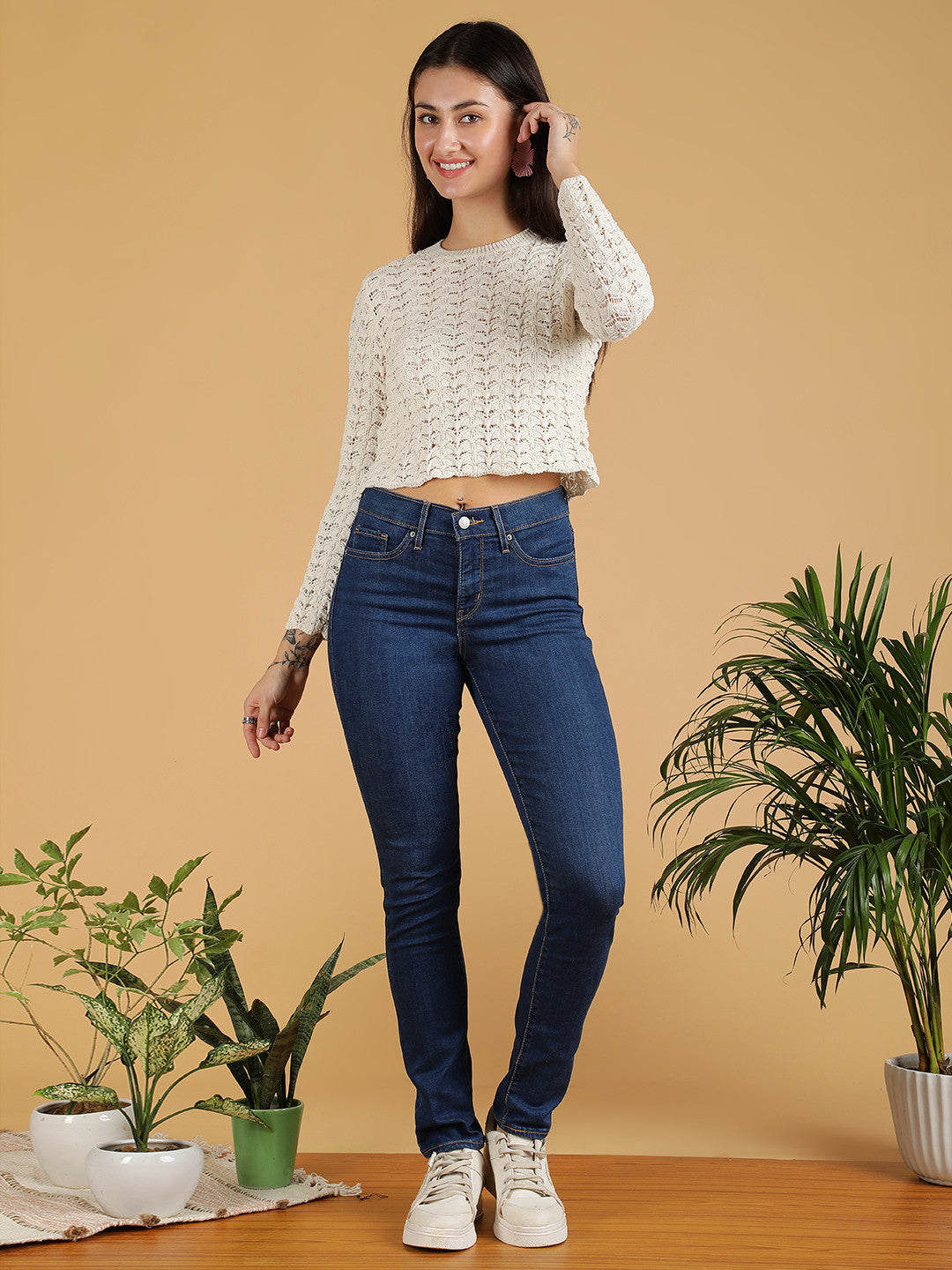 KOTTY Self Design High Neck Casual Women White Sweater 