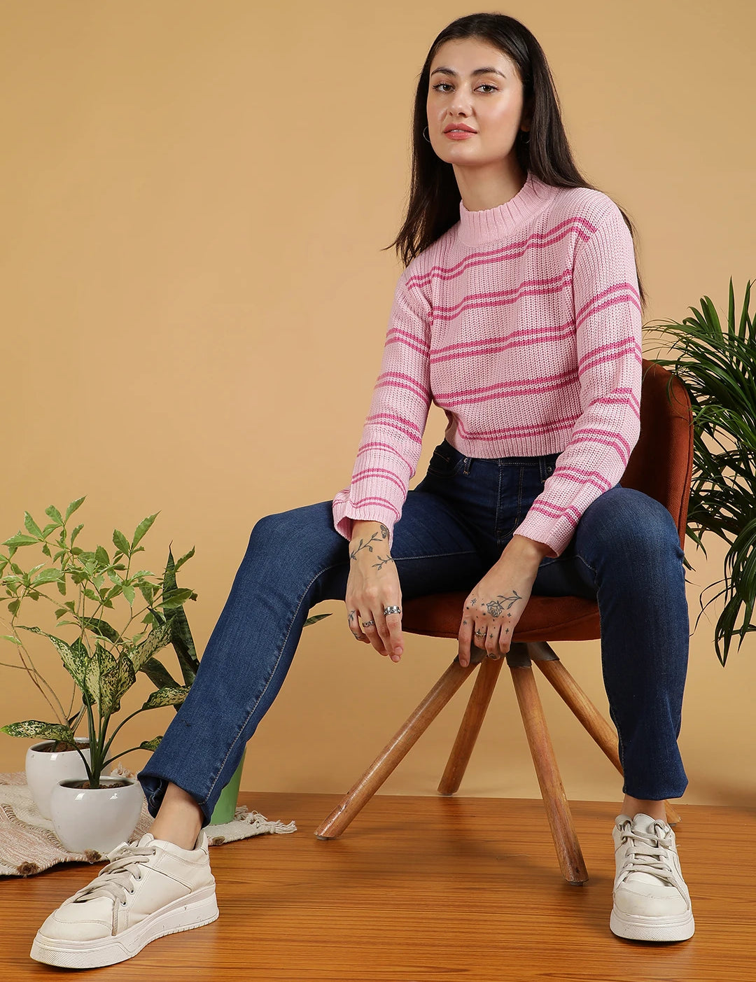 KOTTY Printed High Neck Casual Women Pink Sweater 
