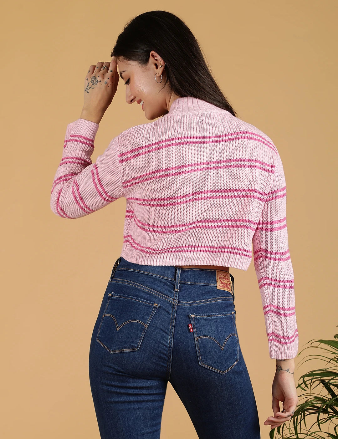 KOTTY Printed High Neck Casual Women Pink Sweater 