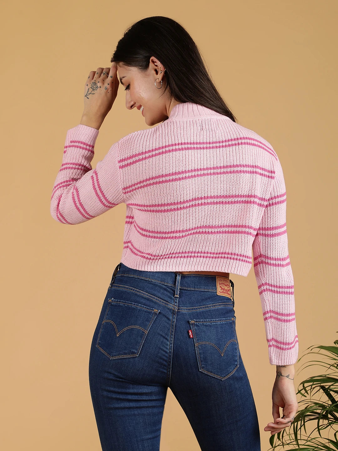 KOTTY Printed High Neck Casual Women Pink Sweater 