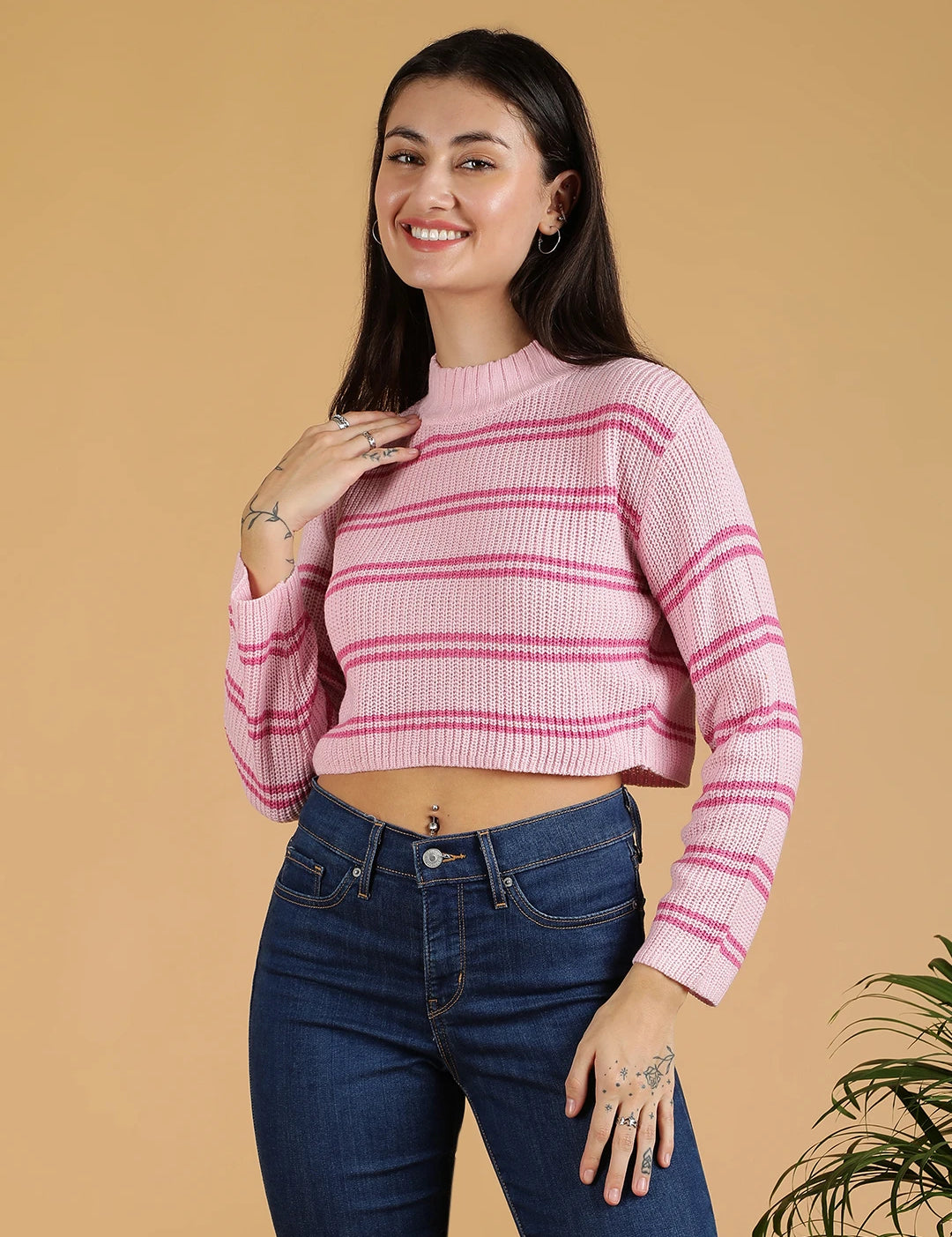 KOTTY Printed High Neck Casual Women Pink Sweater 