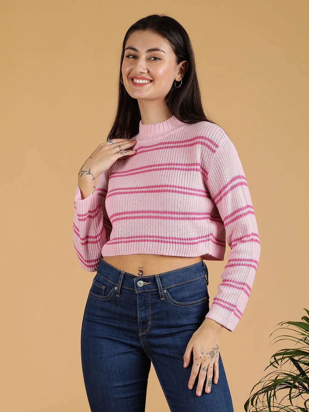 KOTTY Printed High Neck Casual Women Pink Sweater 